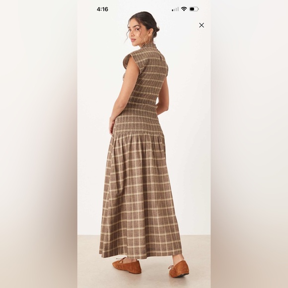 ASOS High Neck Drop Waist Brown Plaid Maxi Dress - Picture 2 of 2